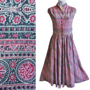 Gay Gibson 50s Vintage Midi Day Dress Sleeveless Pink Gray Fit Flare Full MadMen